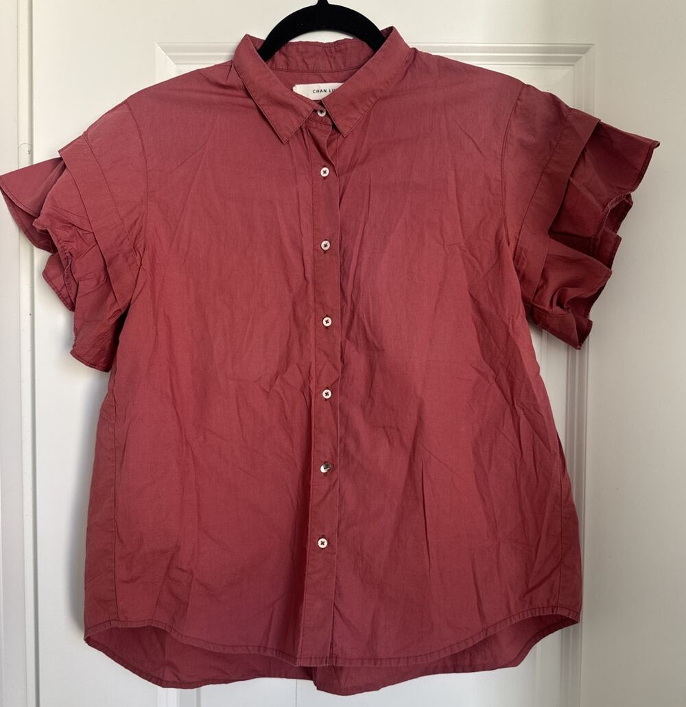 Chan Luu Dusty Rose Short Sleeve Button Down Ruffle Sleeve Size Small